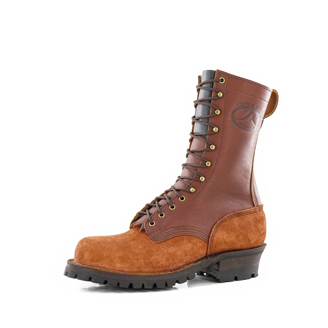 Side view of a Redwood rough leather work boot on a white background