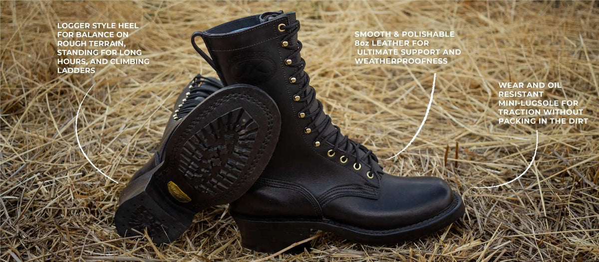harvester boot model from jk boots standing on straw