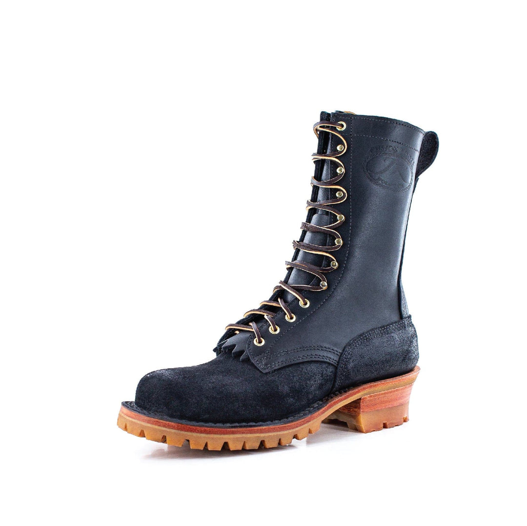 Side profile view of the Honey Fire Black leather work boot on a white background
