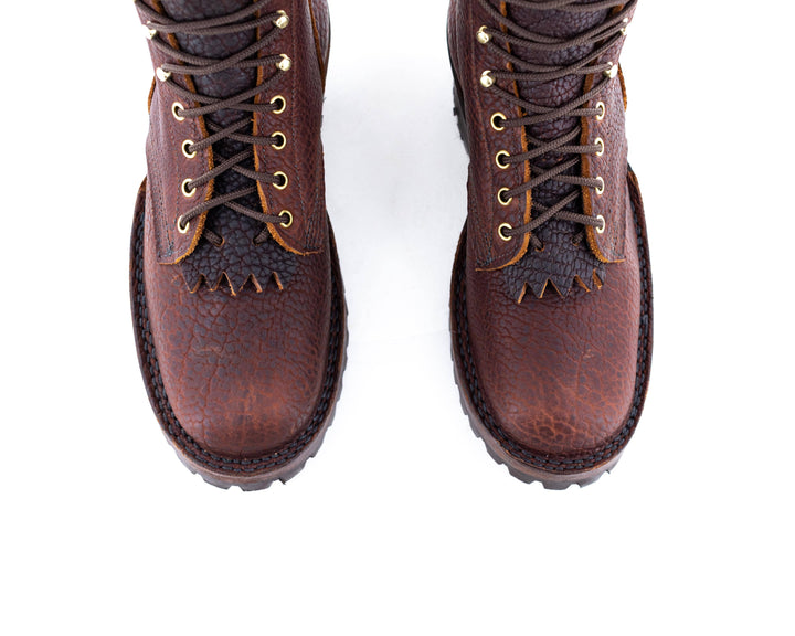 Top view of laces, vamp and toes of a pair of Superduty Bison leather work boot